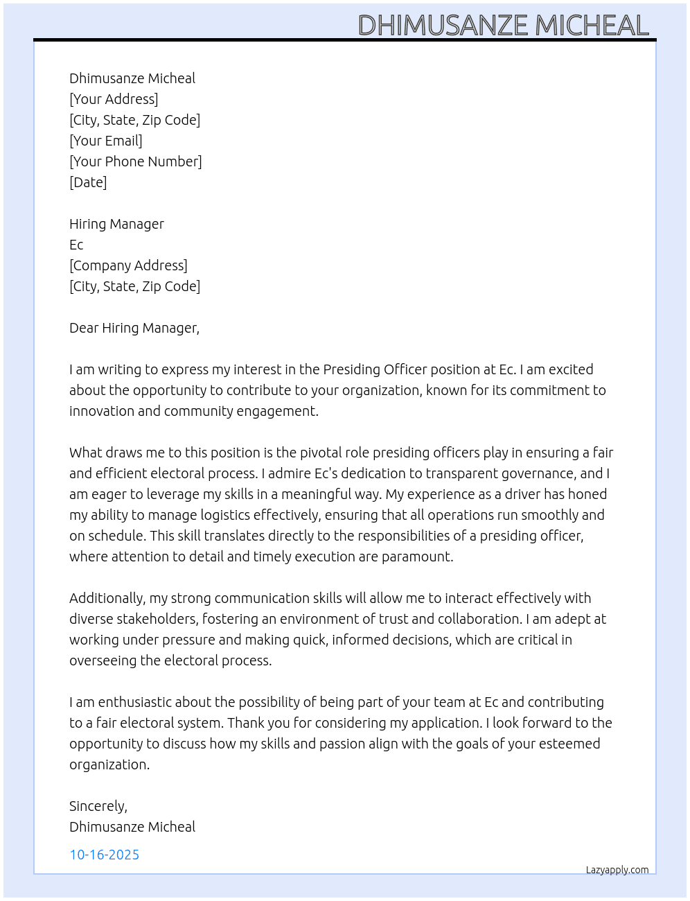 Presiding officer At Ec Cover Letter