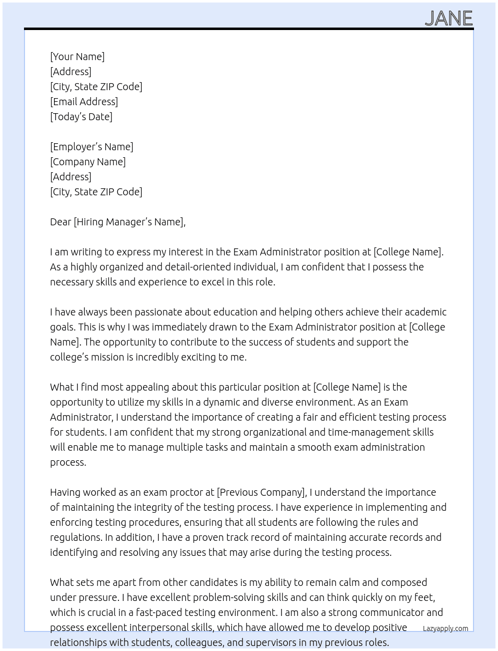 Exam administrator At College  Cover Letter
