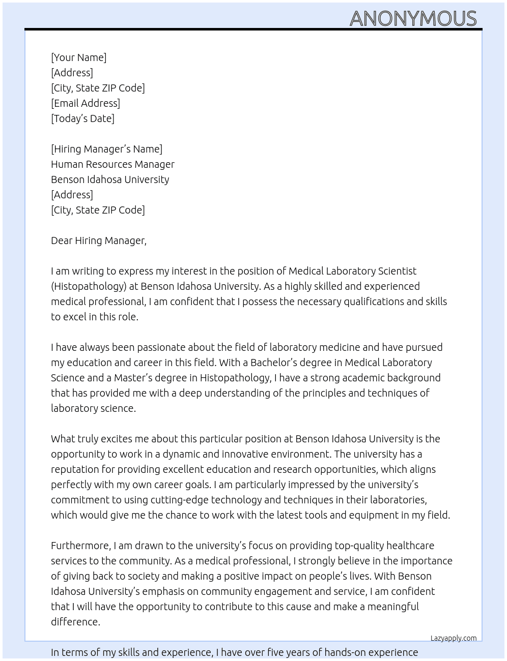 Medical laboratory scientist (histopathology)  At Benson Idahosa University  Cover Letter