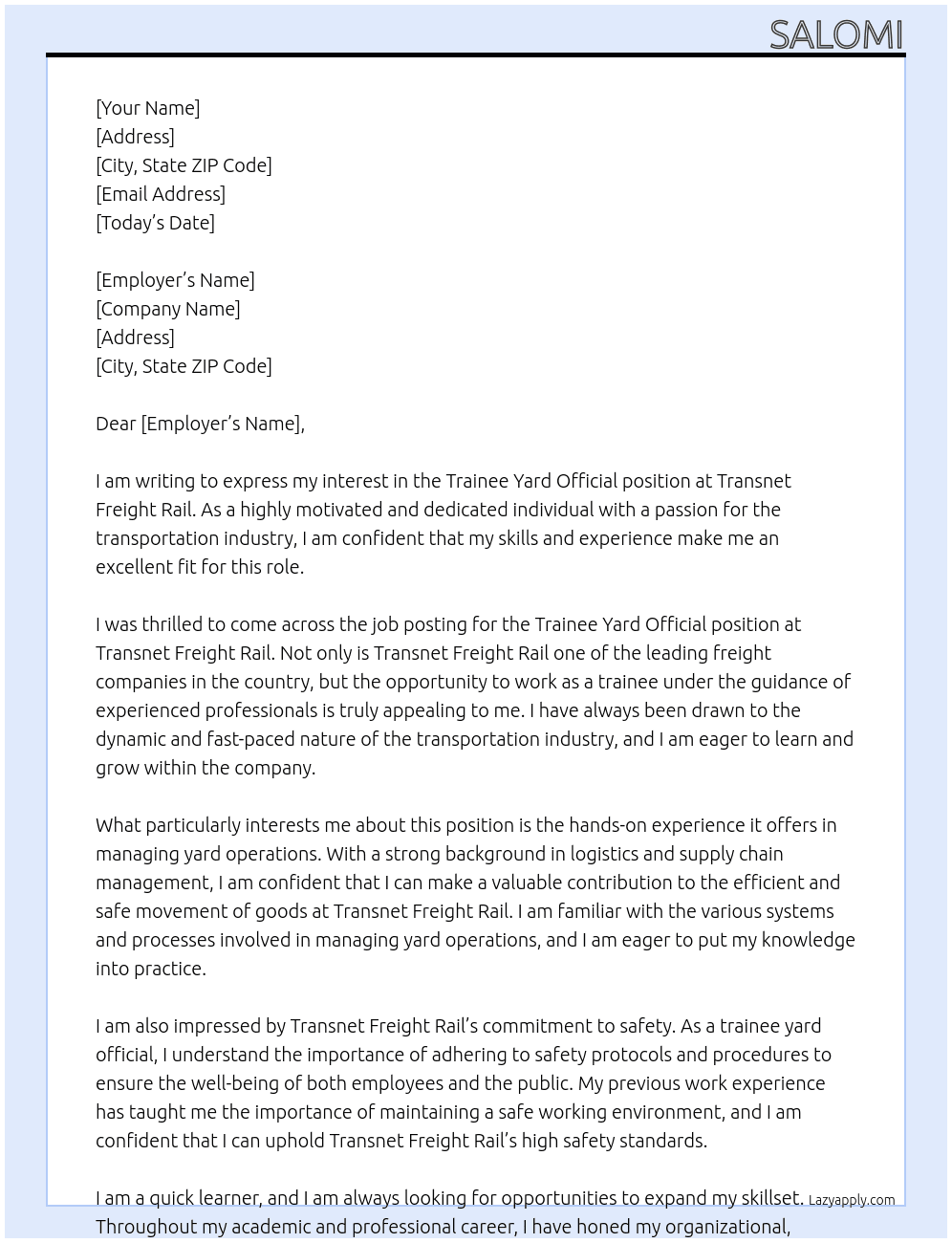Trainee yard official At Transnet freight rail Cover Letter
