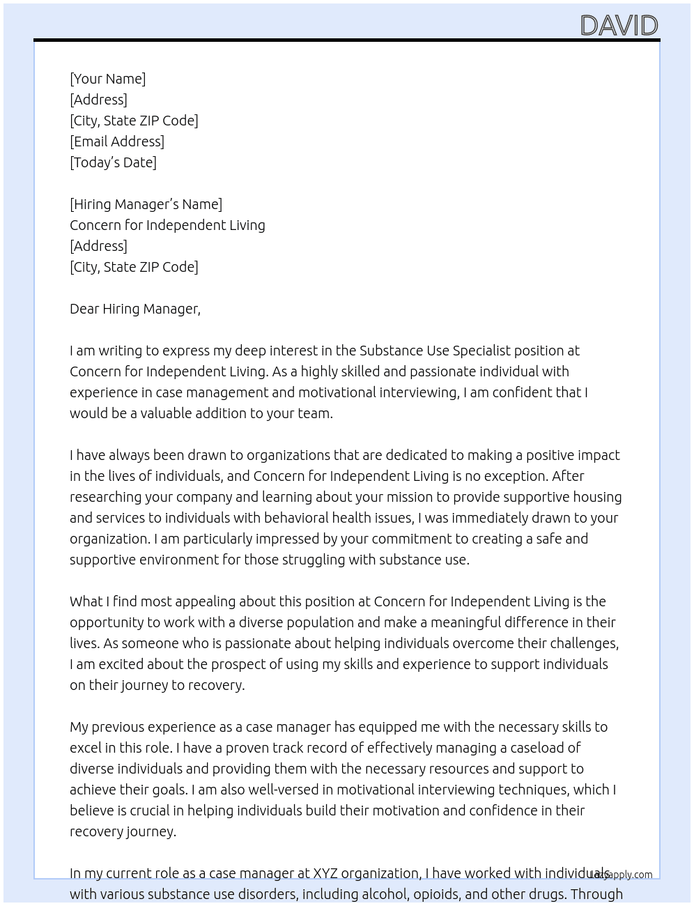 Substance use specialist At Concern For Independent Living Cover Letter