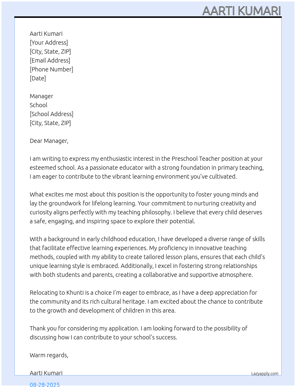 Cover letter for pre school teacher - LazyApply