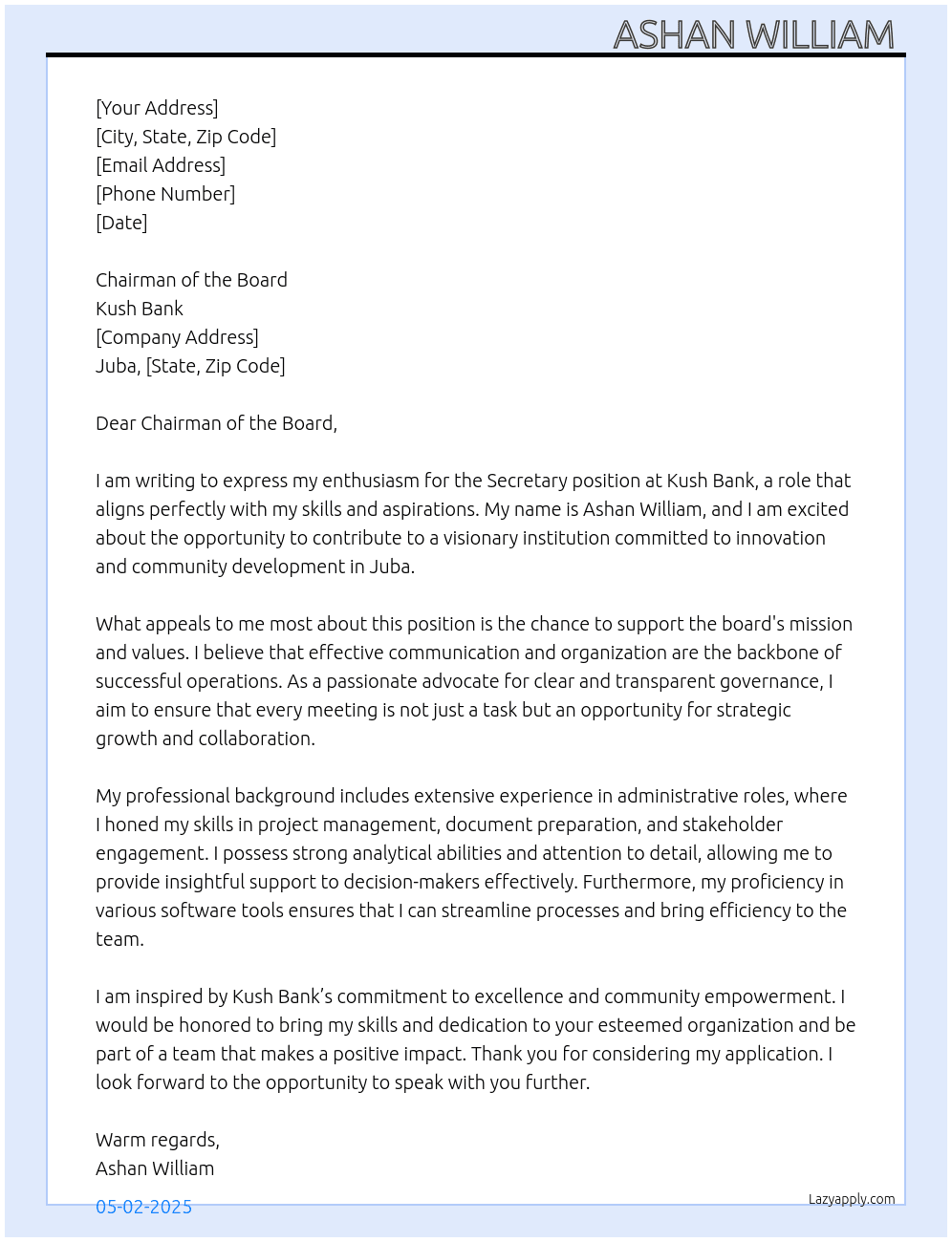 Secretary  At Kush Bank  Cover Letter