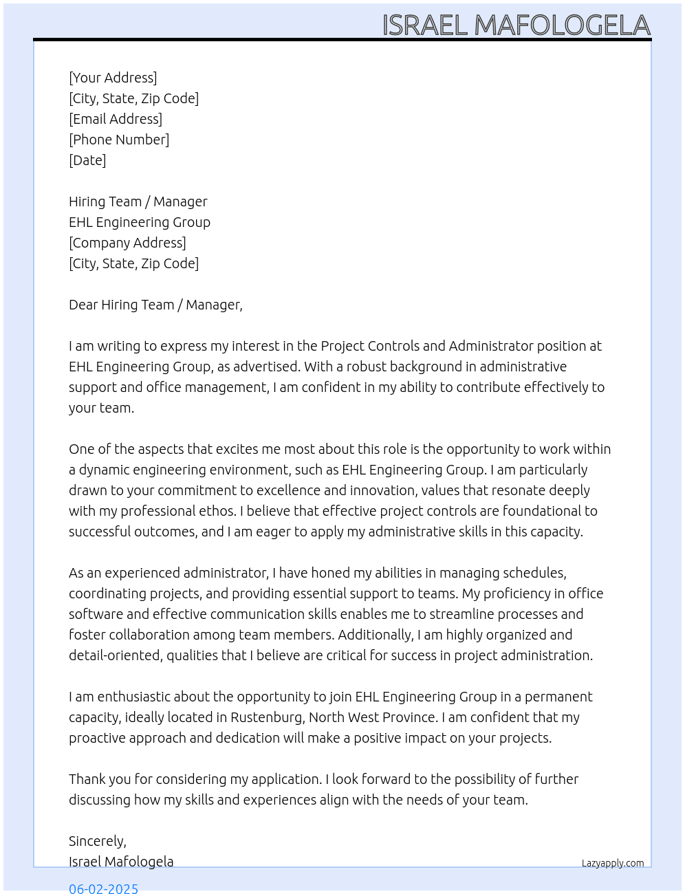 Project Controls and Administrator At EHL Engineering Group Cover Letter