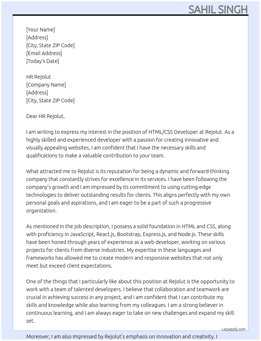 Html/Css devloper At Rejolut Cover Letter