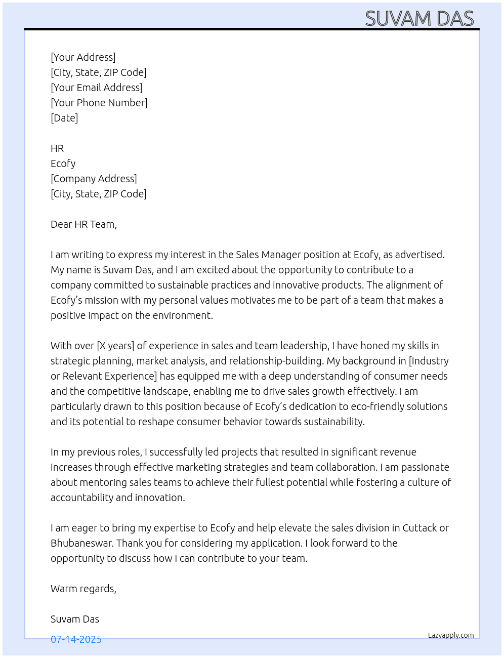 Sales manager  At Ecofy  Cover Letter
