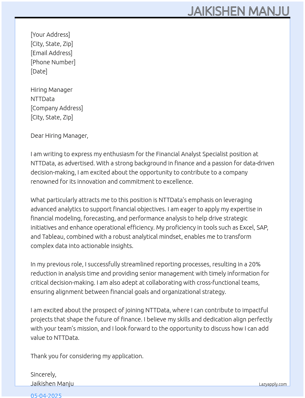 Cover letter for financial analyst specialist - LazyApply