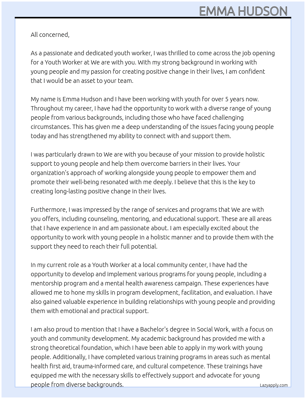 Youth worker At We are with you  Cover Letter