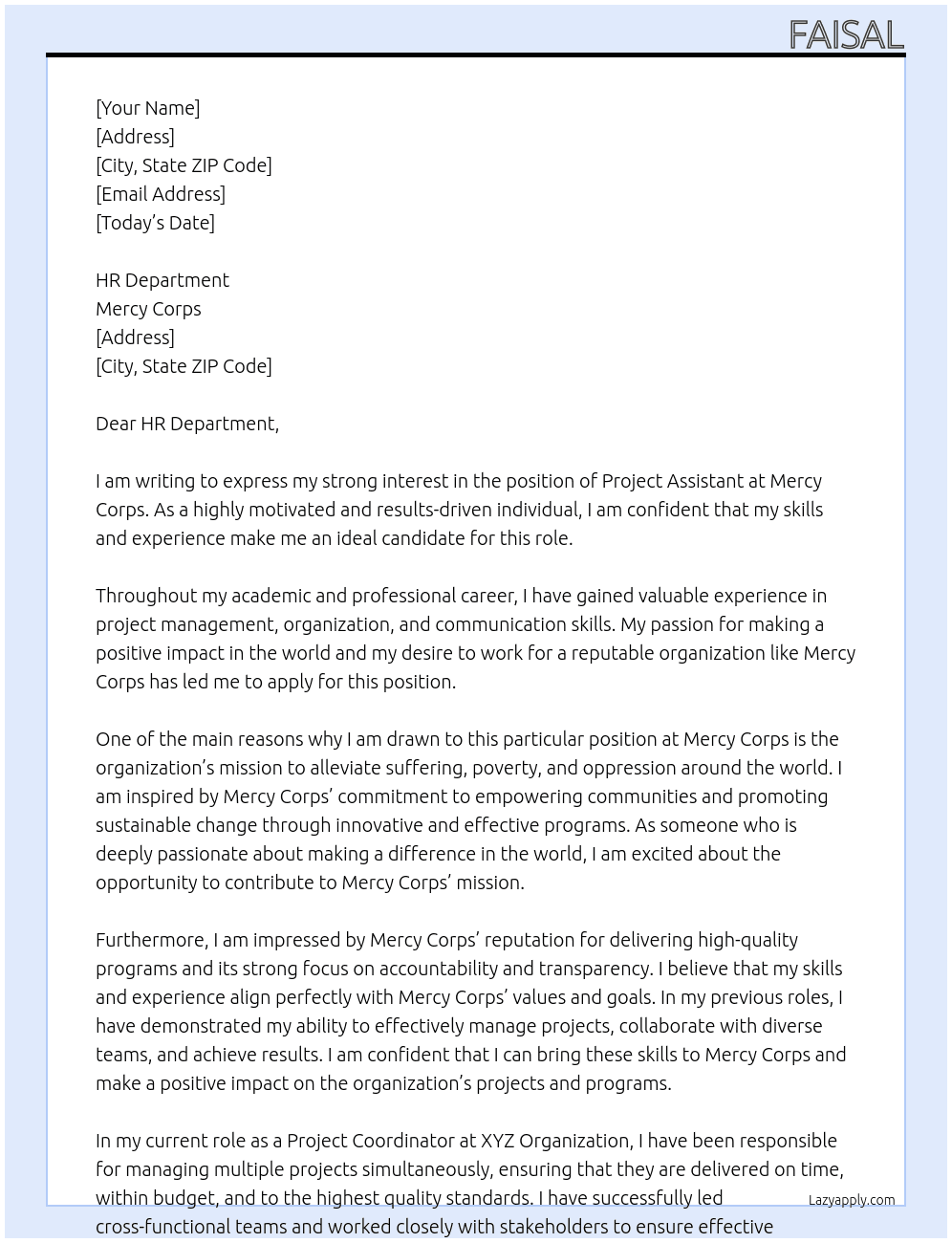 Project Assistant At Mercy Corps Cover Letter