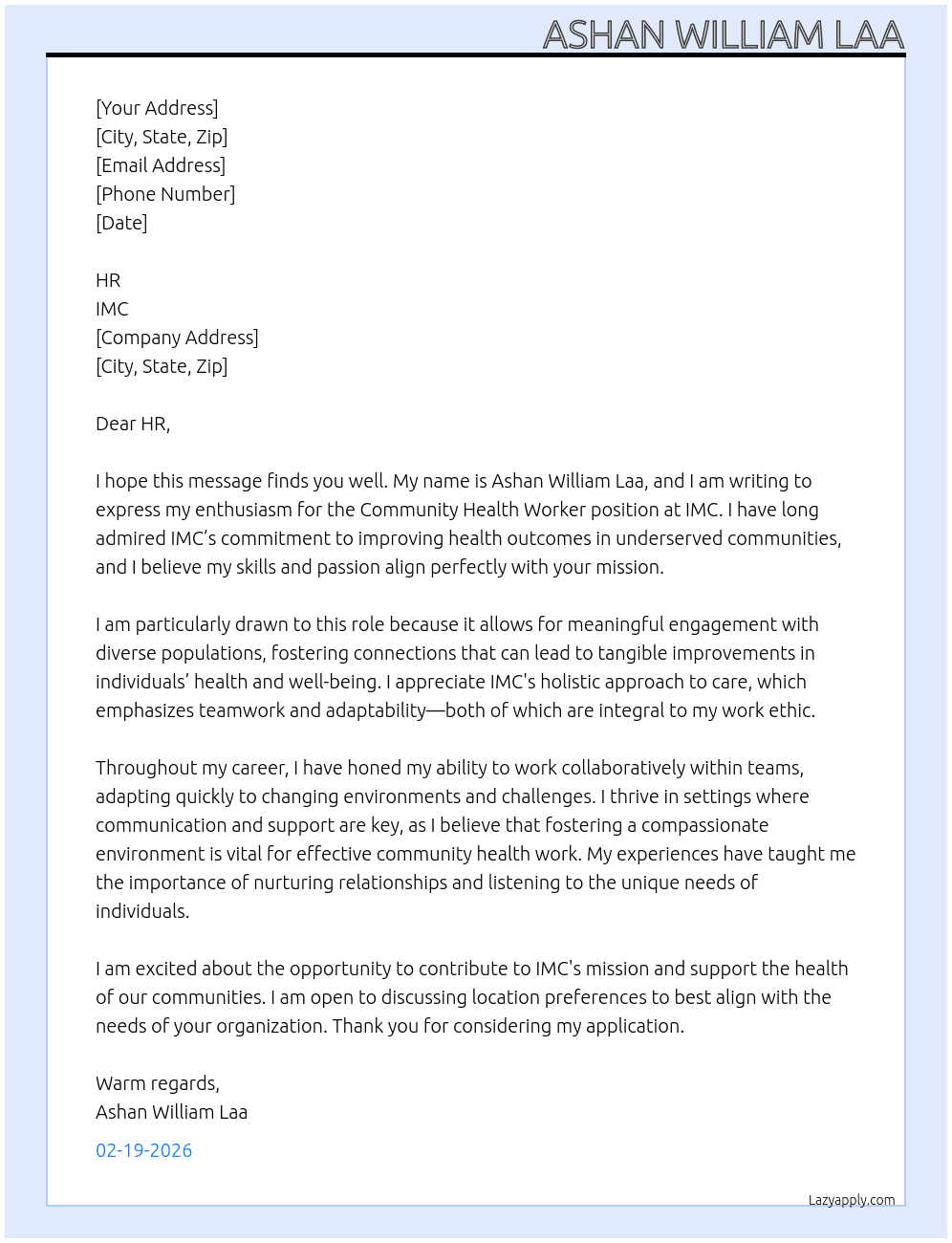 Community Health Worker  At IMC Cover Letter
