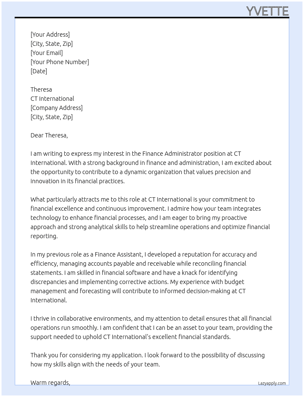 Finance Administrator At CT International Cover Letter