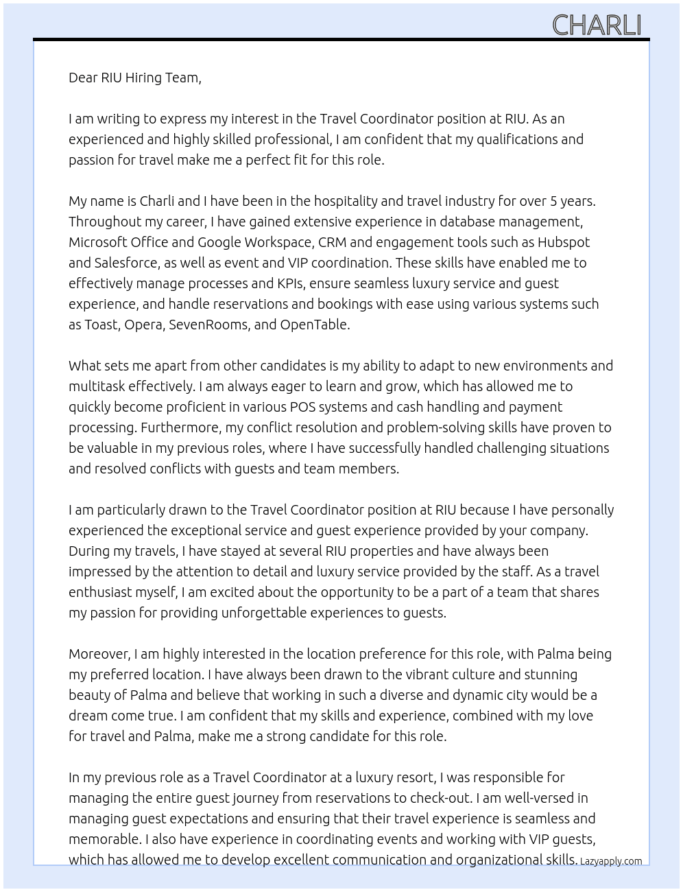 travel coordinator  At RIU Cover Letter