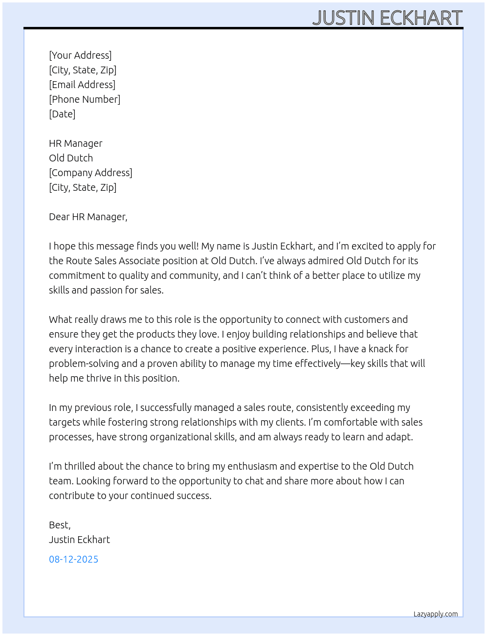 Route Sales Associate At Old Dutch Cover Letter