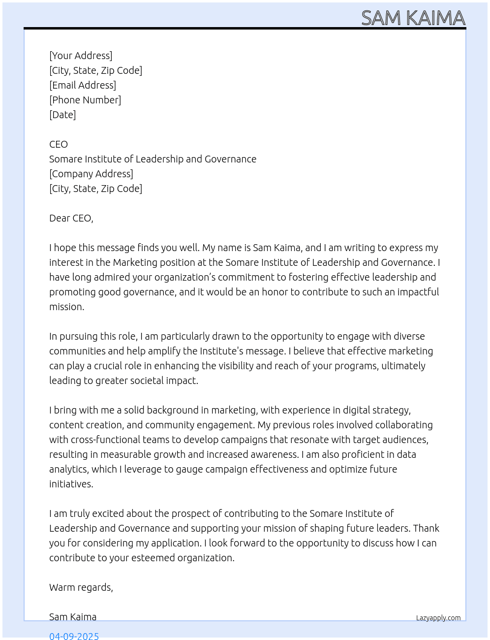Marketing At Somare Institute of Leadership and Governance Cover Letter