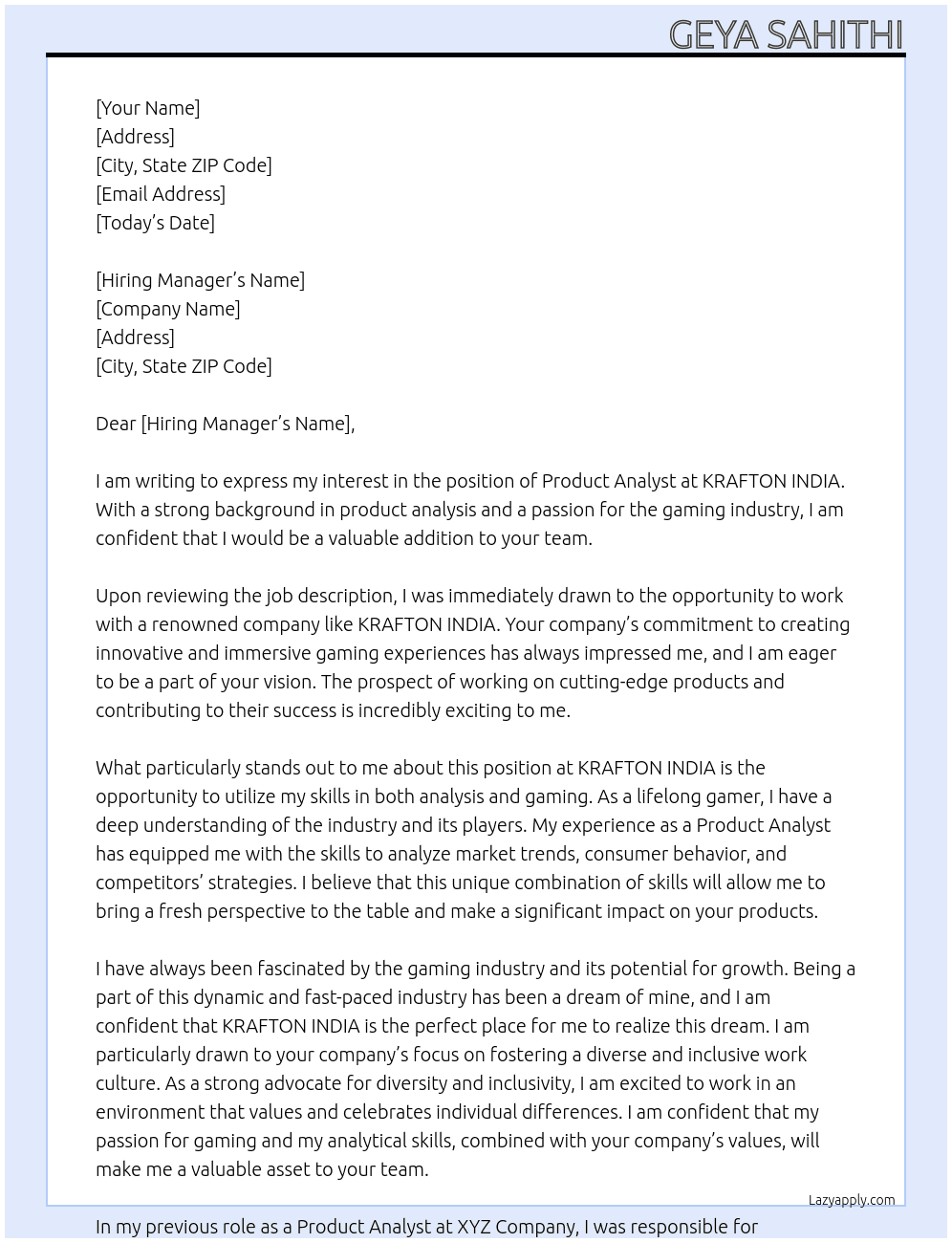 Product Analyst  At KRAFTON INDIA  Cover Letter