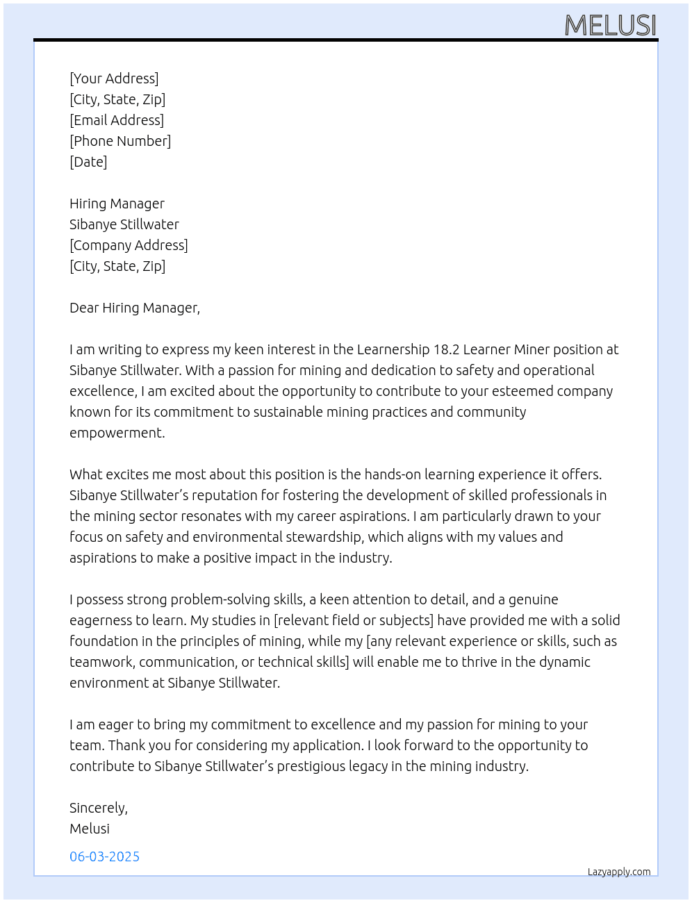 Learnership 18.2 learner miner At Sibanye stillwater  Cover Letter