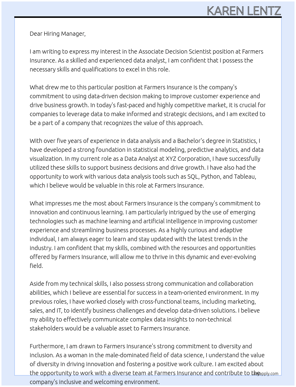 Associate Decision Scientist At Farmers Insurance Cover Letter