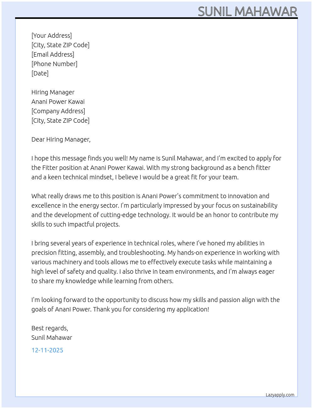 Fitter At Anani Power kawai Cover Letter
