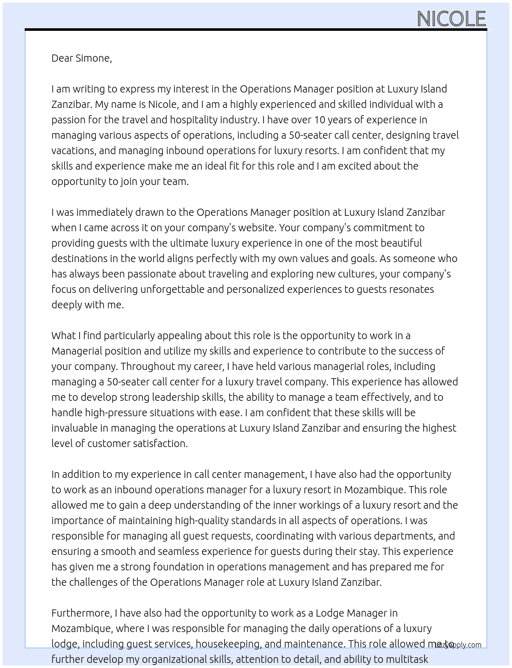Operations Manager At Luxury Island Zanzibar Cover Letter