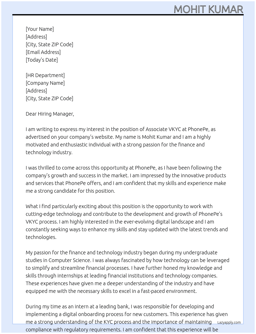 Cover letter for associate vkyc - LazyApply