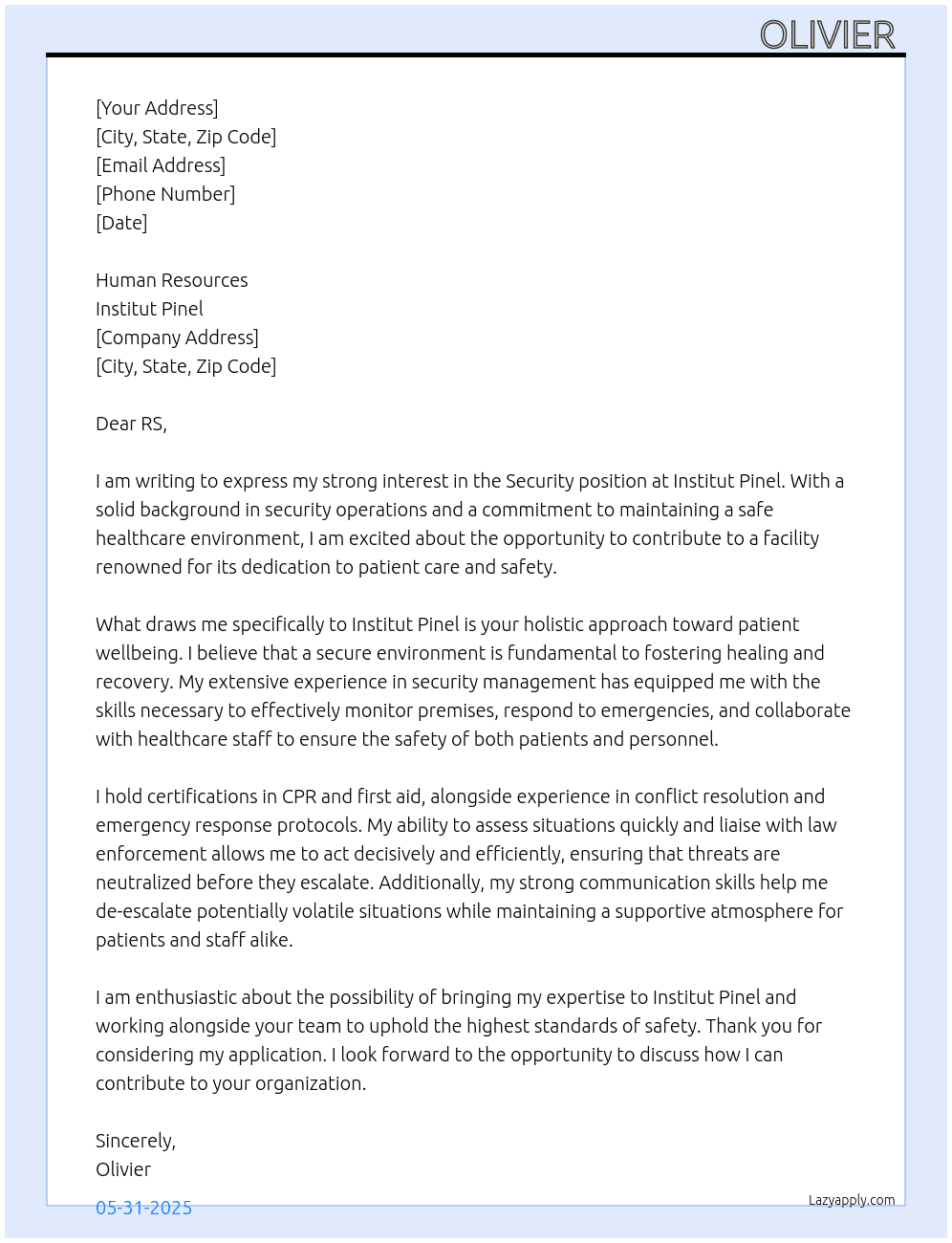 Cover letter for security in a hosptital - LazyApply