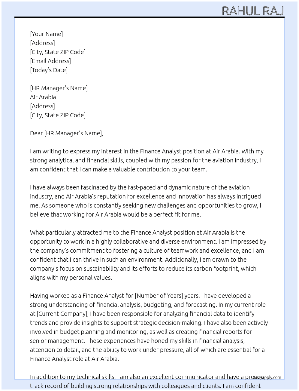 Finance Analyst  At Air Arabia  Cover Letter