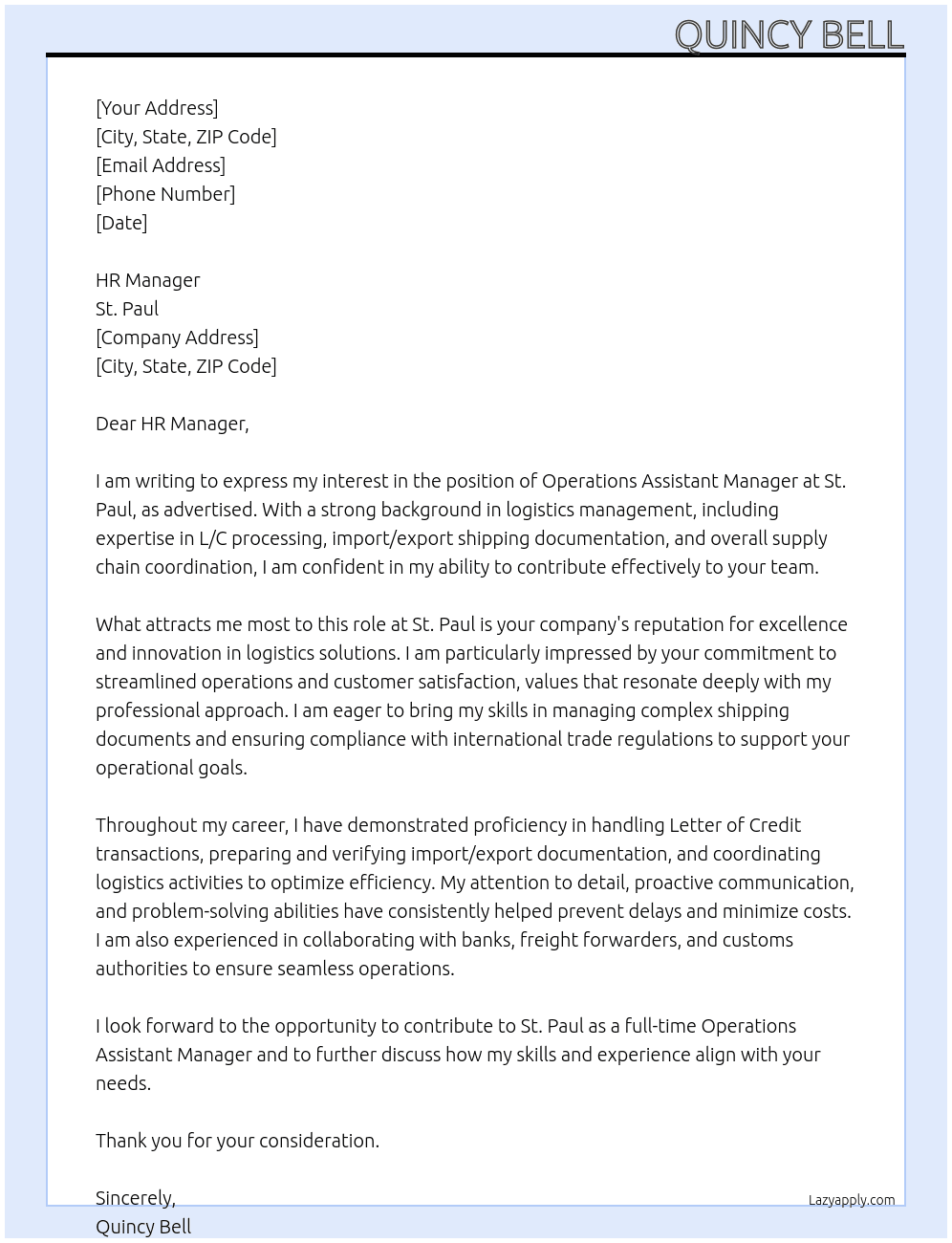 Cover letter for operation assistant manager - LazyApply