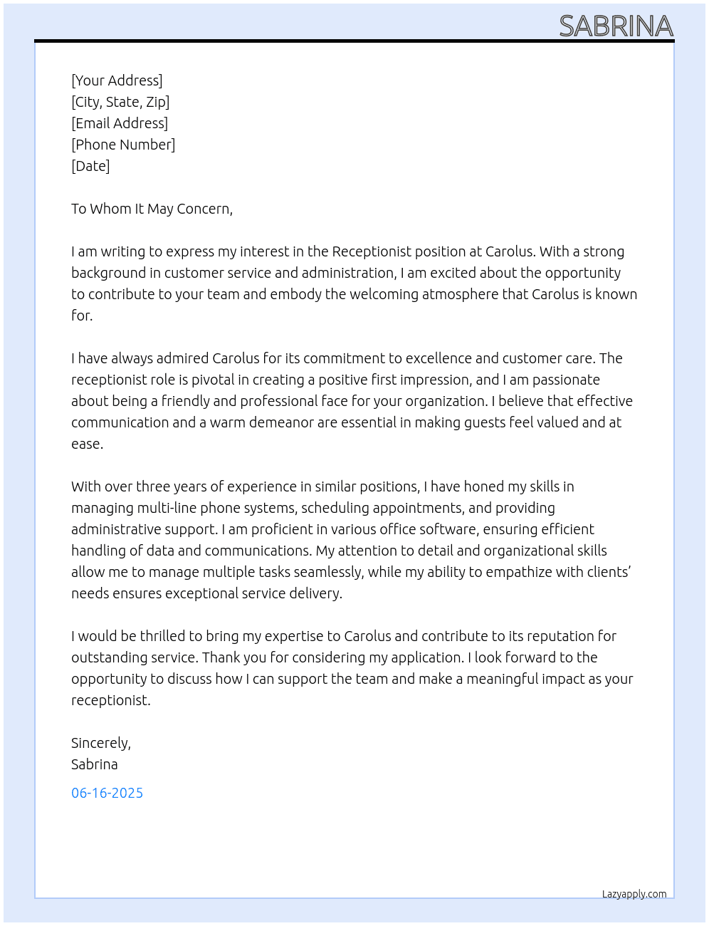 Receptionist At Carolus Cover Letter