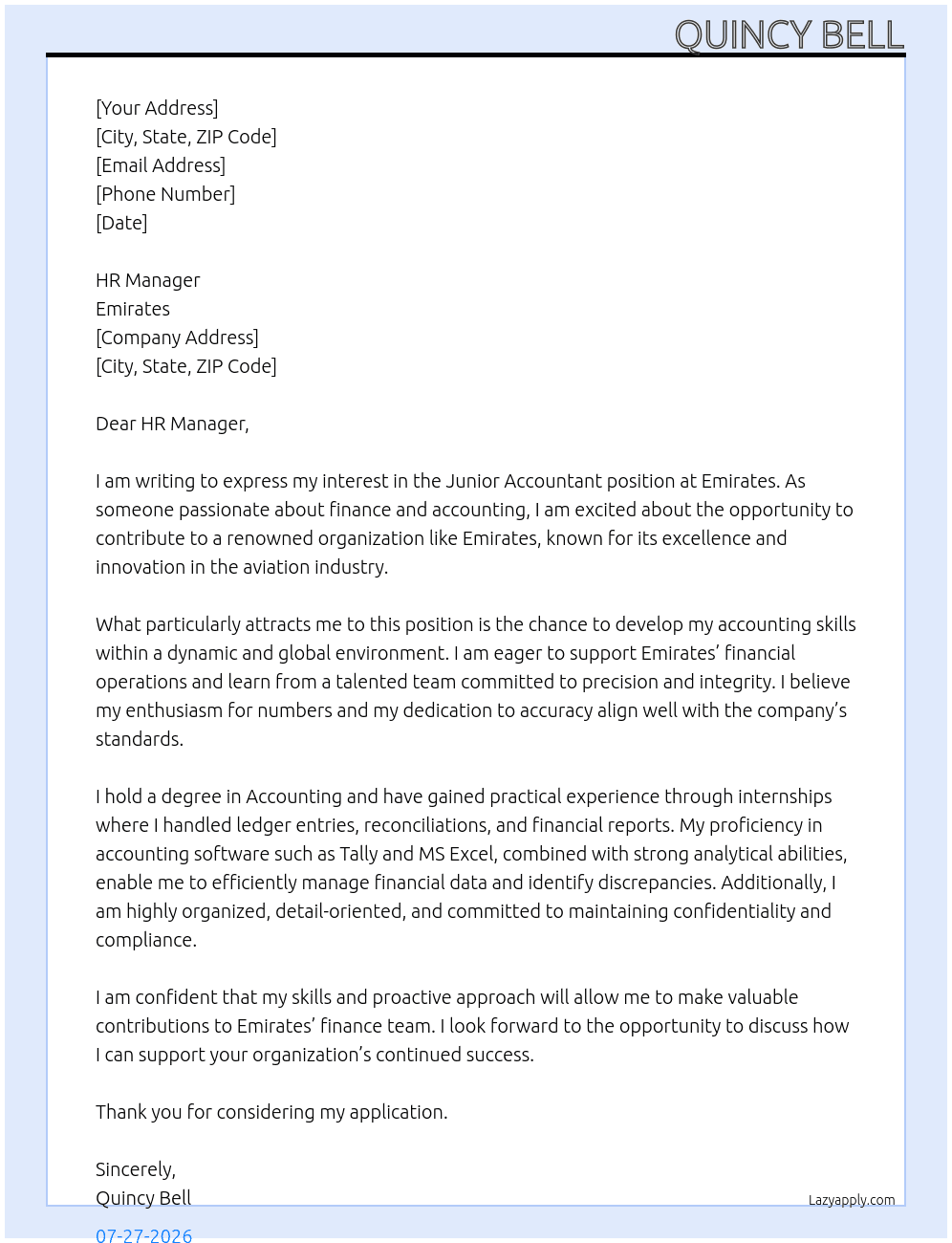 Cover letter for junior accountant - LazyApply