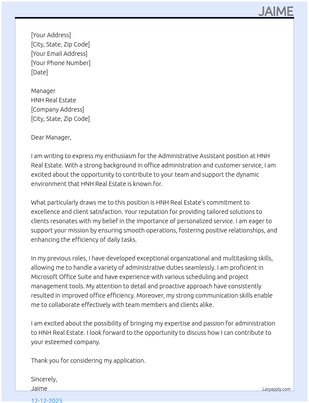 Administrative assistant  At HNH Real estate Cover Letter