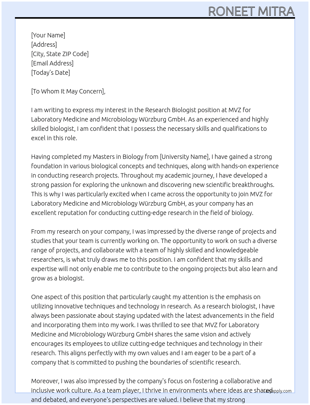 Cover letter for research biologist - LazyApply