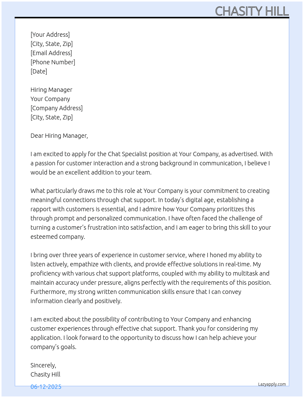 Cover letter for chat specialist - LazyApply