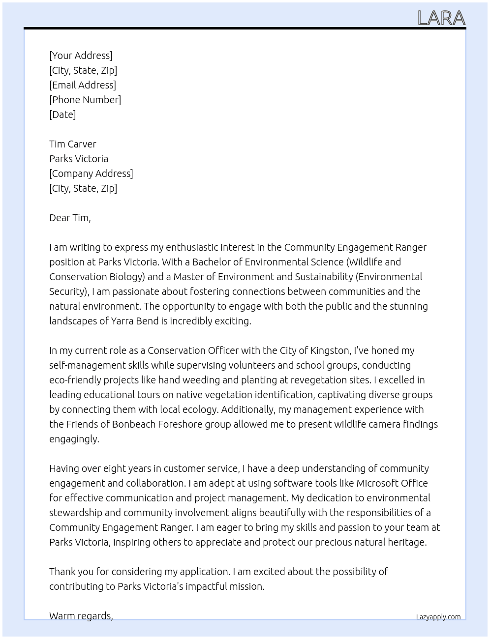 Community Engagement Ranger At Parks Victoria Cover Letter