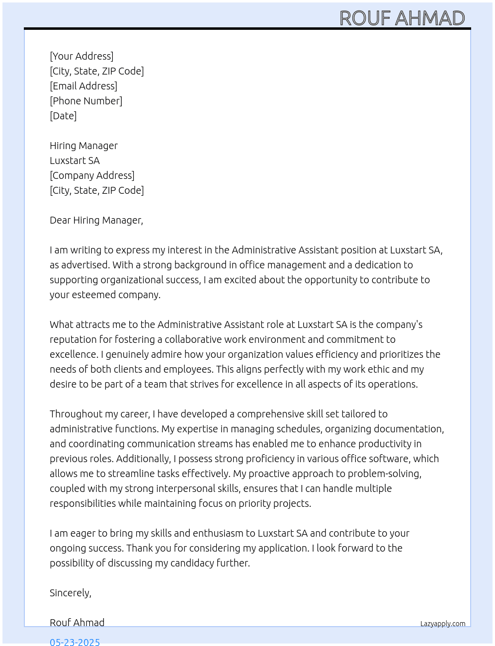 Administrative assistant  At Luxstart sa Cover Letter