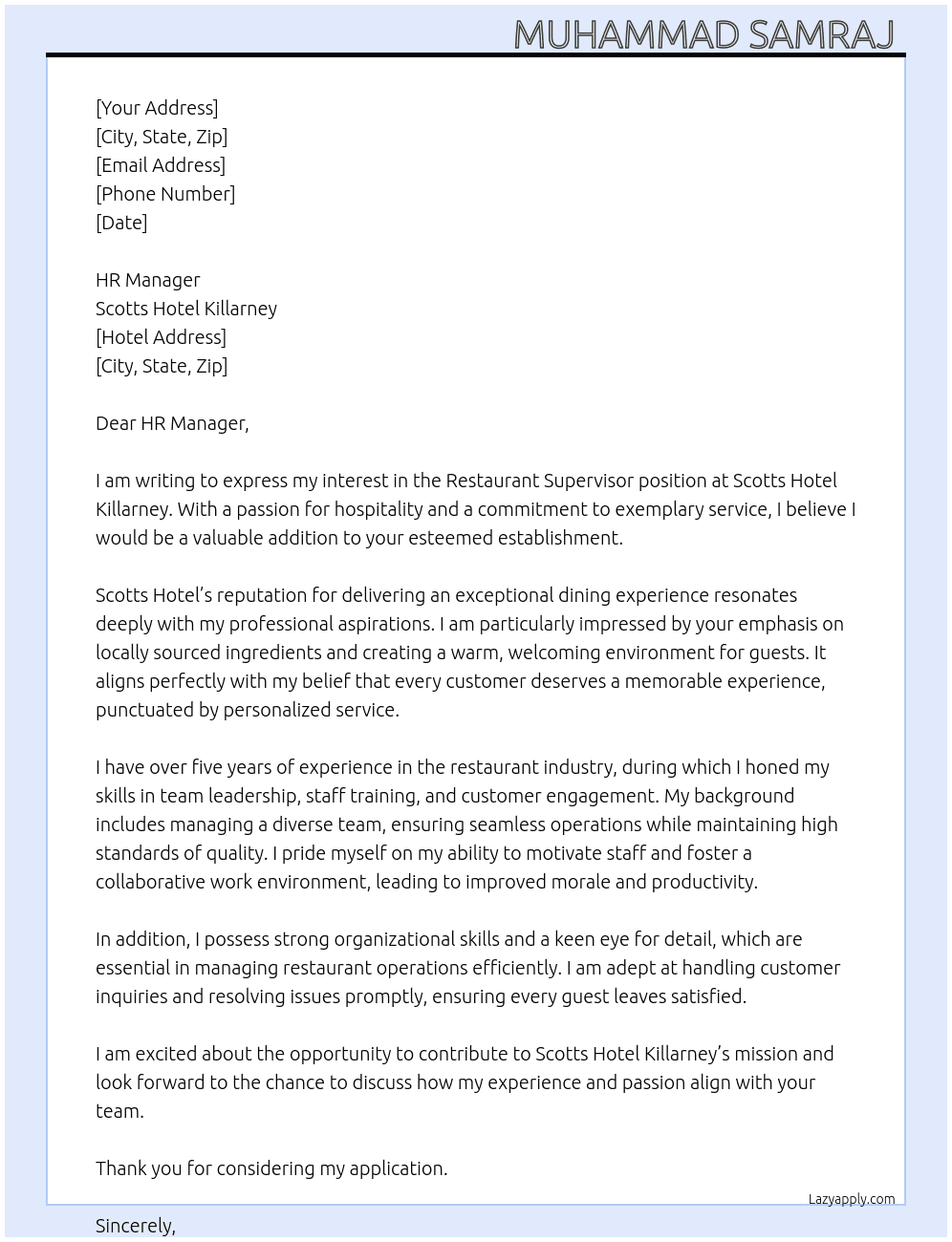 Restaurant Supervisor  At Scotts Hotel Killarney Cover Letter