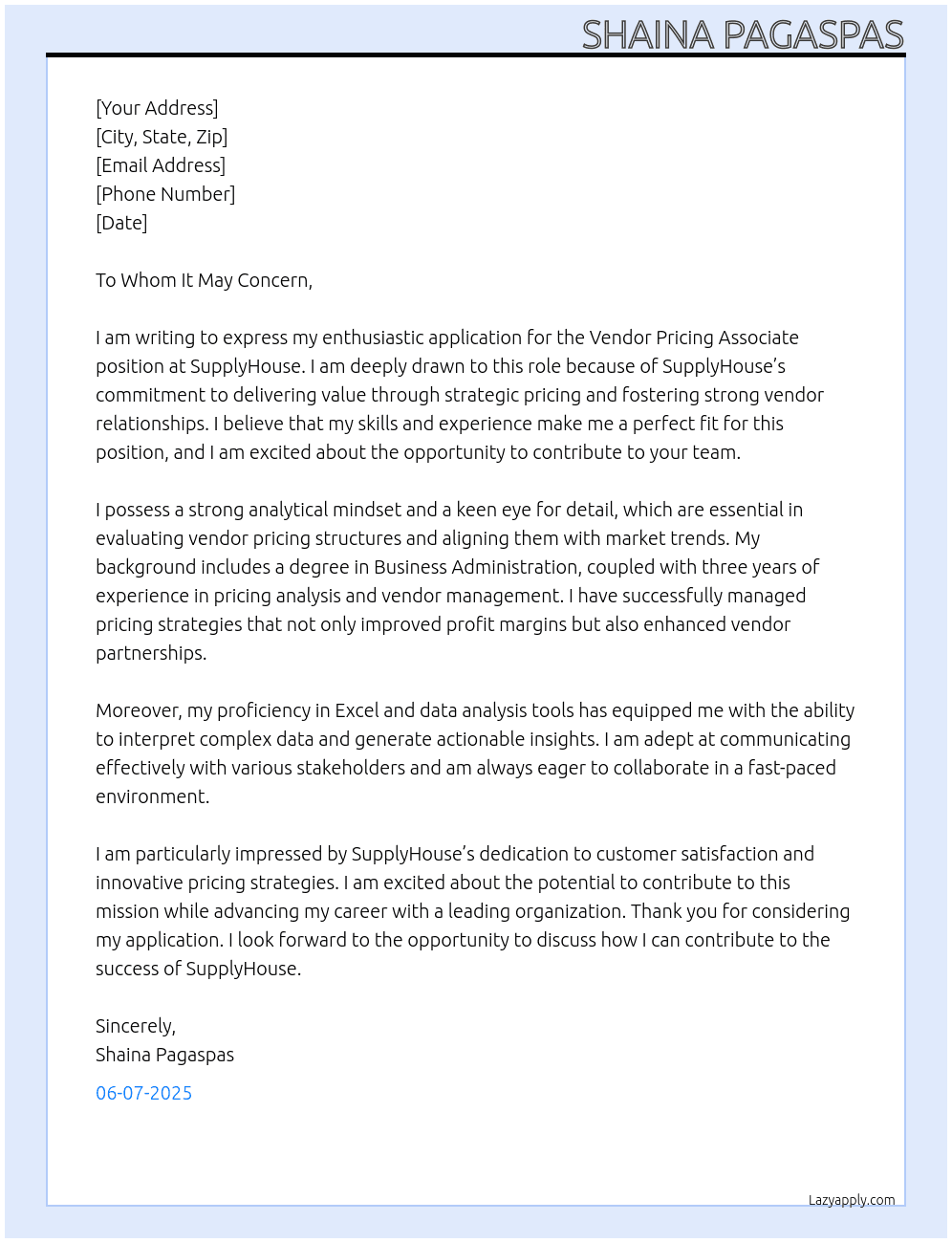 Cover letter for vendor pricing associate - LazyApply