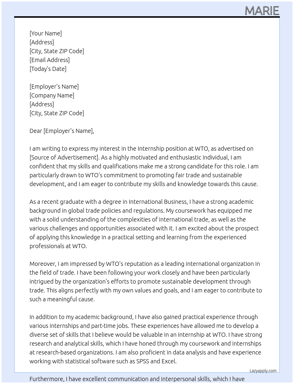 Internship  At WTO Cover Letter