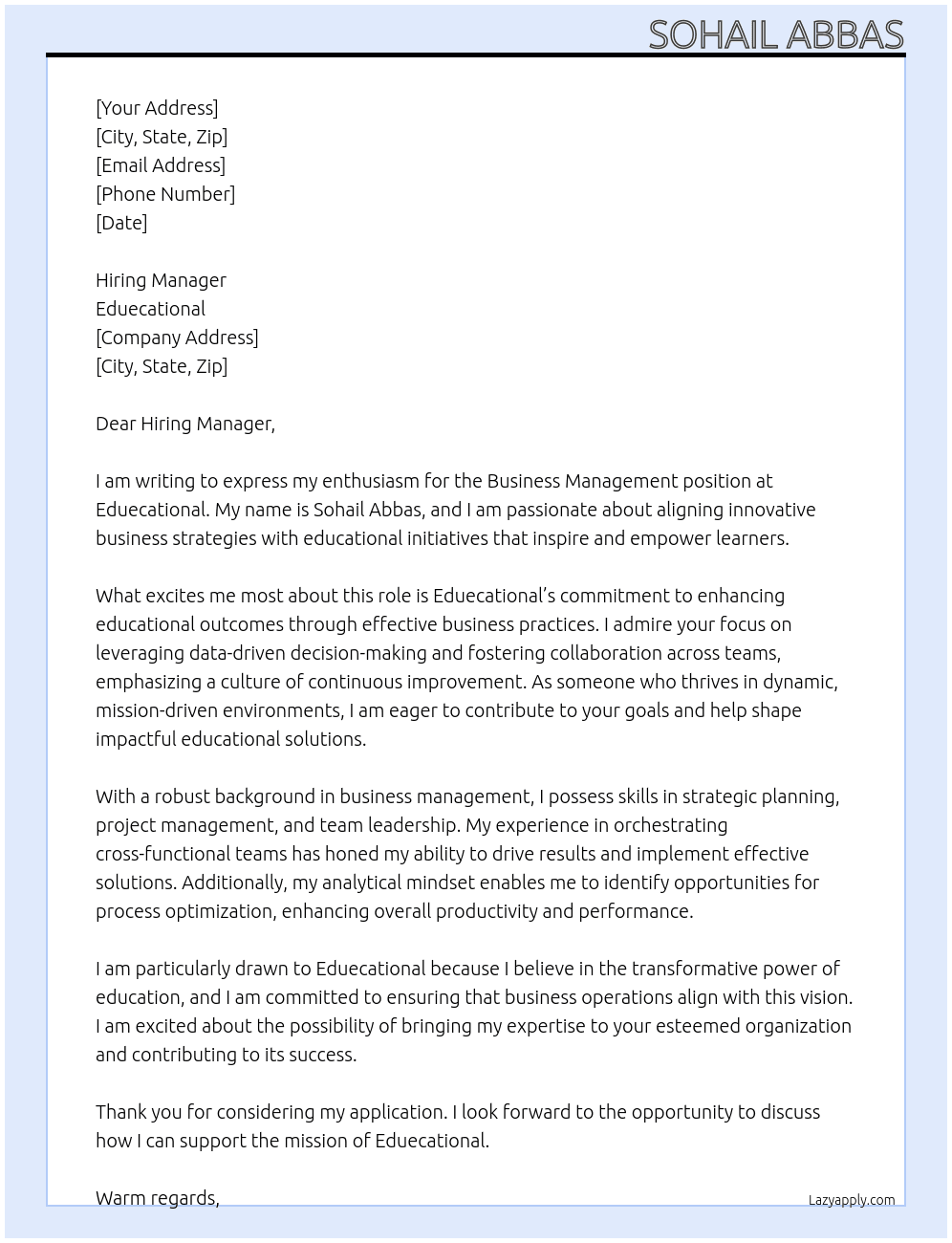 business management At Eduecational Cover Letter