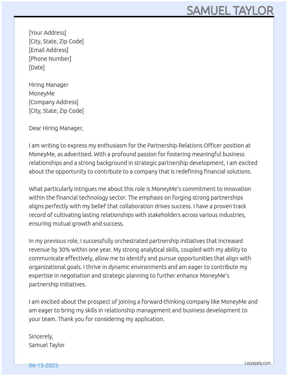 Partnership Relations Officer At MoneyMe Cover Letter