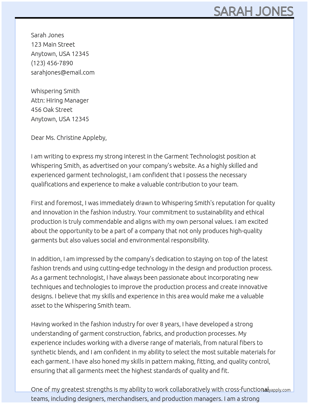 Garment Technologist At Whispering Smith Cover Letter