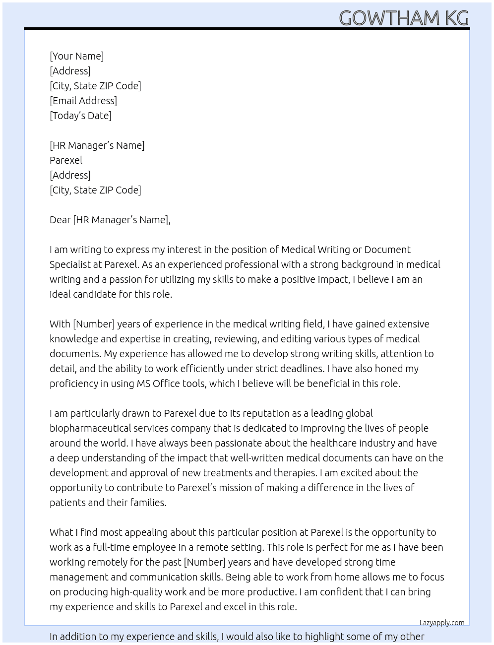 Medical writting or Document specialist  At Parexel  Cover Letter