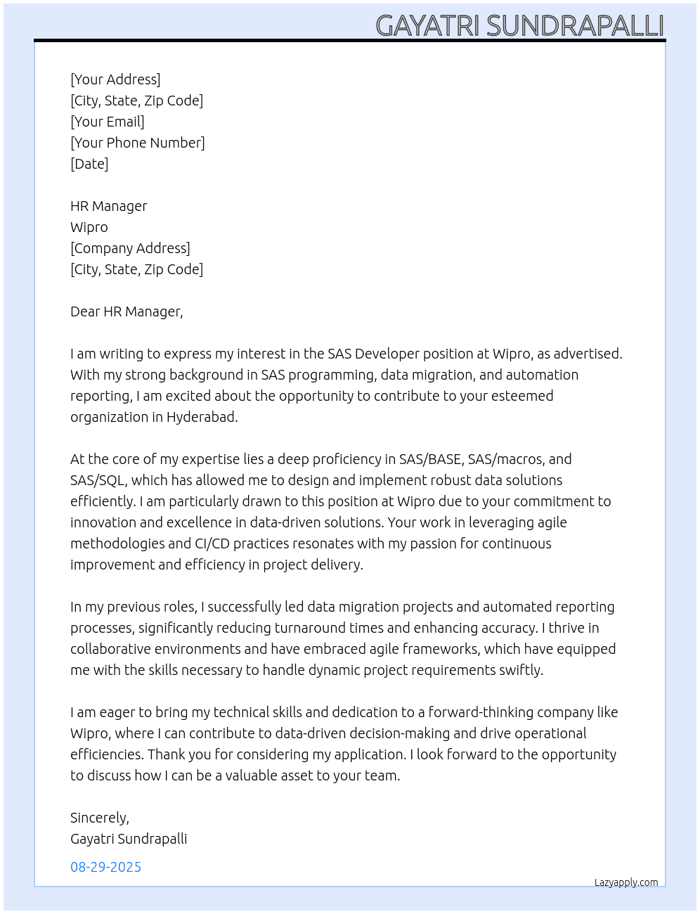 Cover letter for sas developer - LazyApply