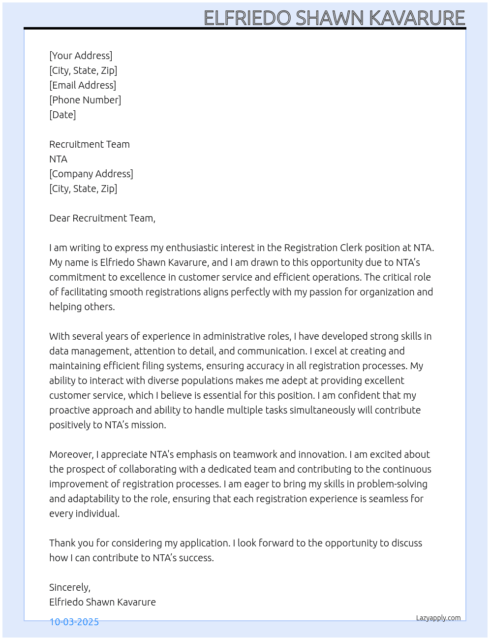 Registration Clerk  At NTA Cover Letter