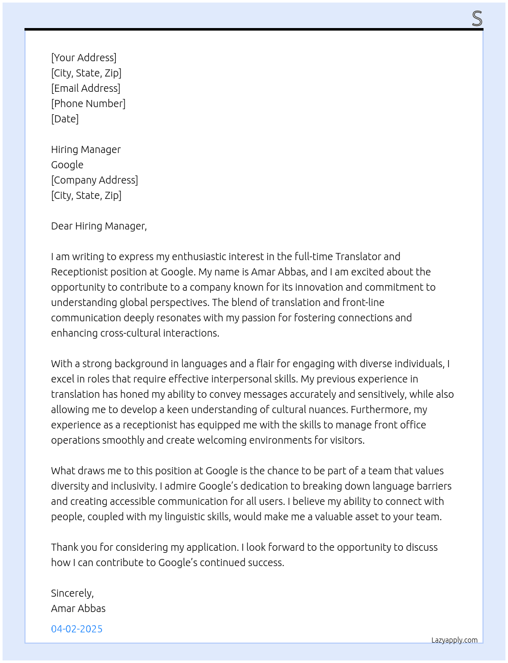 Cover letter for translator and receptionist - LazyApply