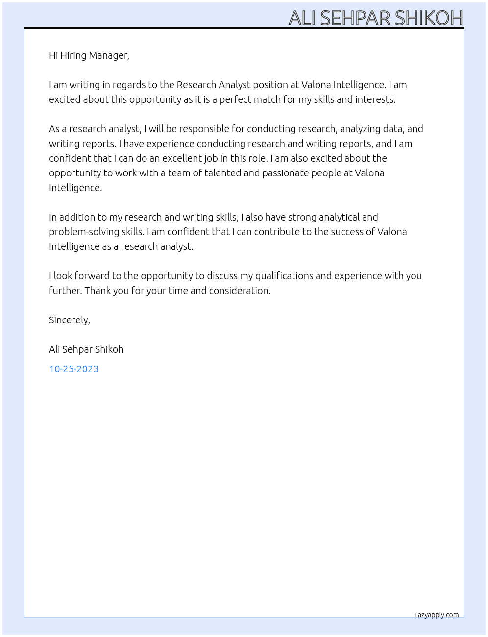 Research Analyst At Valona Intelligence Cover Letter