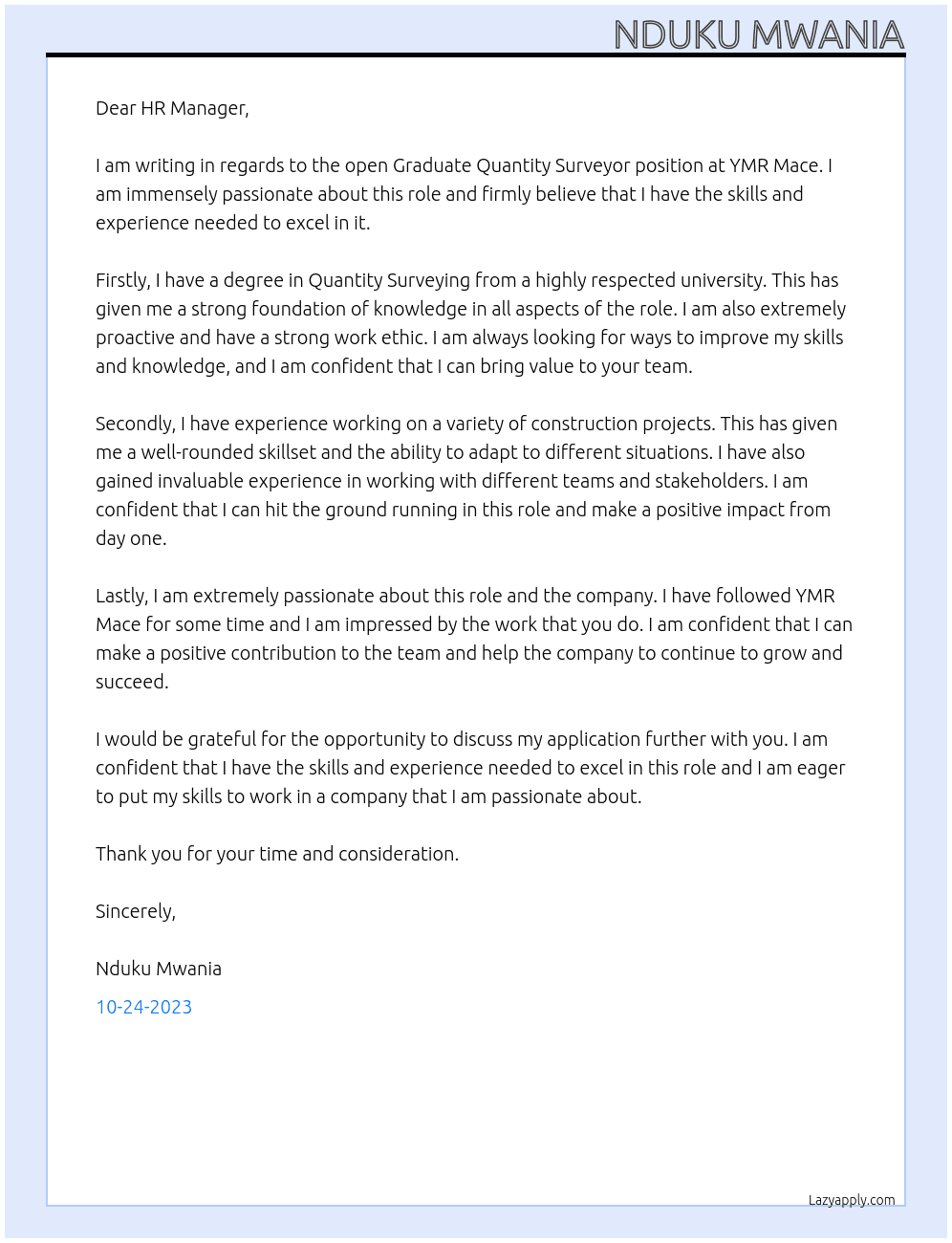 Graduate Quantity Surveyor At YMR Mace Cover Letter