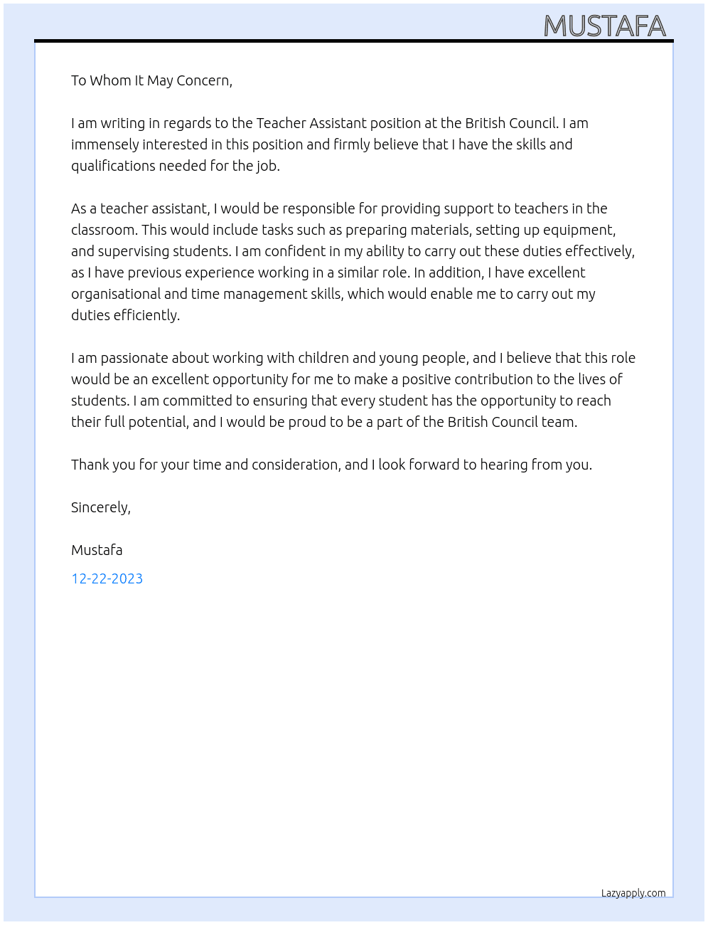Teacher assistant  At British council Cover Letter