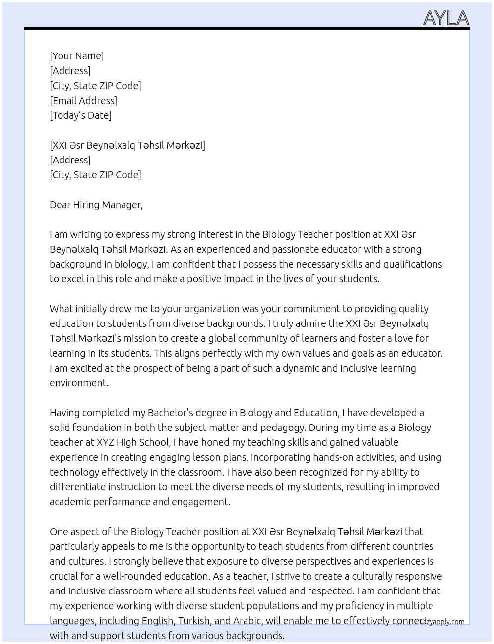 Biology Teacher At XXI Əsr Beynəlxalq Təhsil Mərkəzi Cover Letter