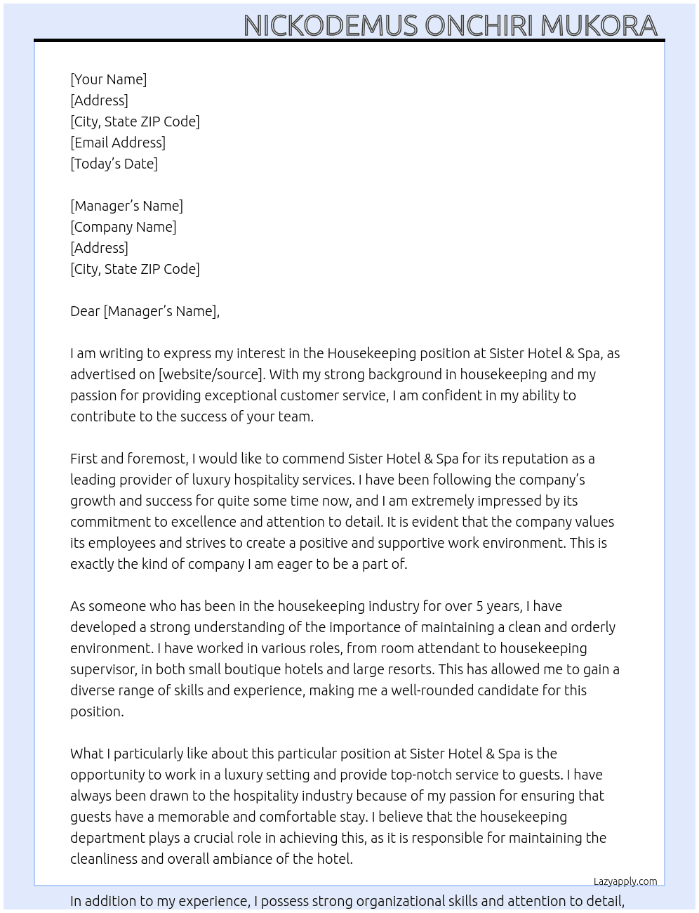 housekeeping  At sister hotel & spa Cover Letter