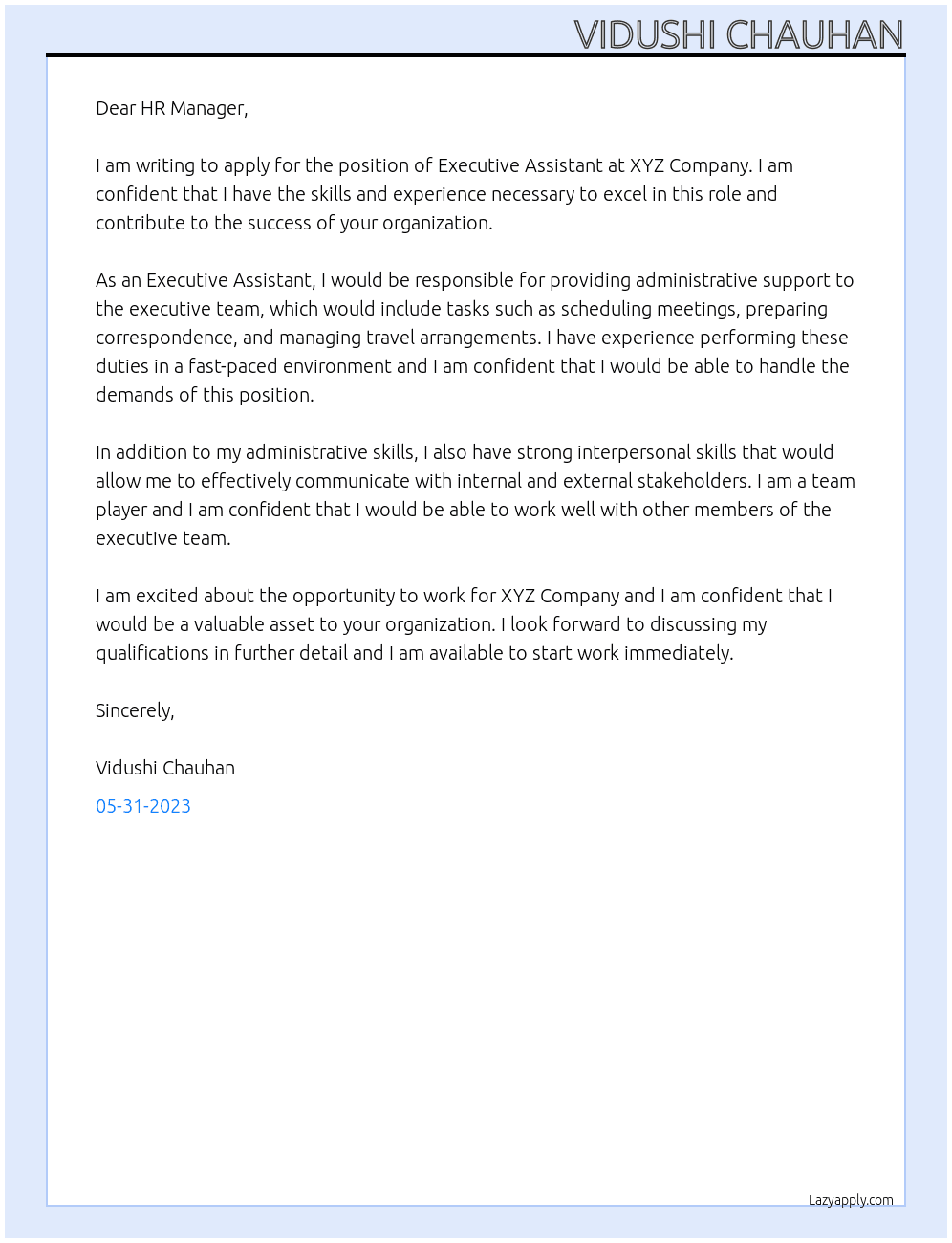 executive assistant   At xz Cover Letter